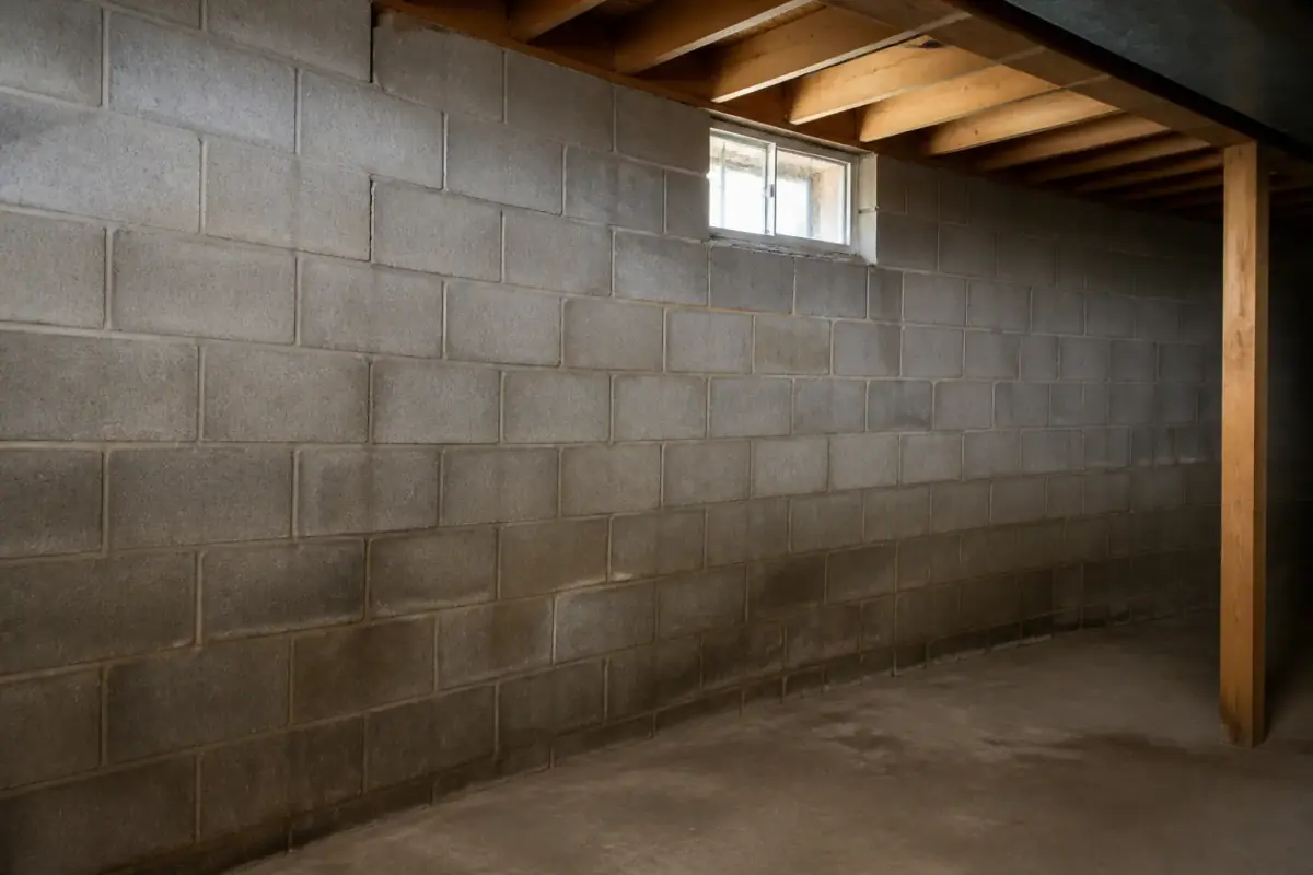Concrete block basement wall with inward bow