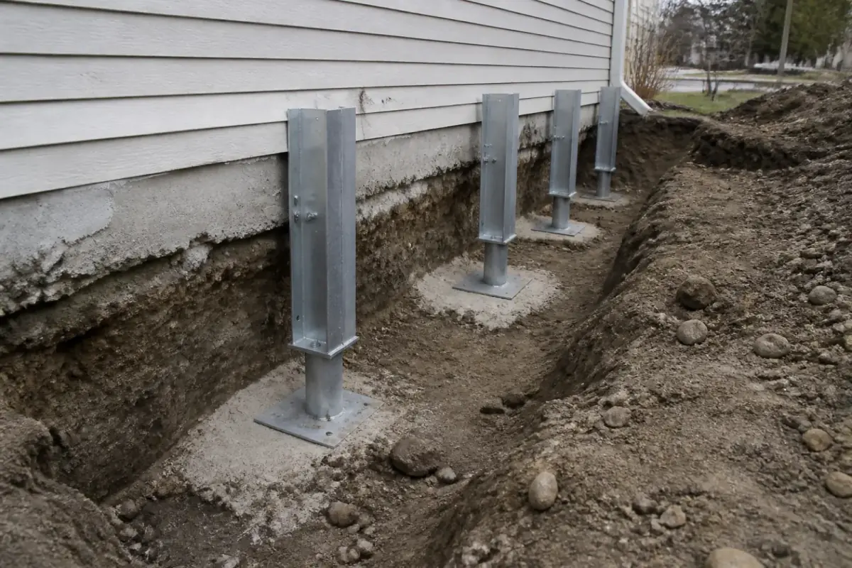 Steel foundation pier hardware beside an excavated footing