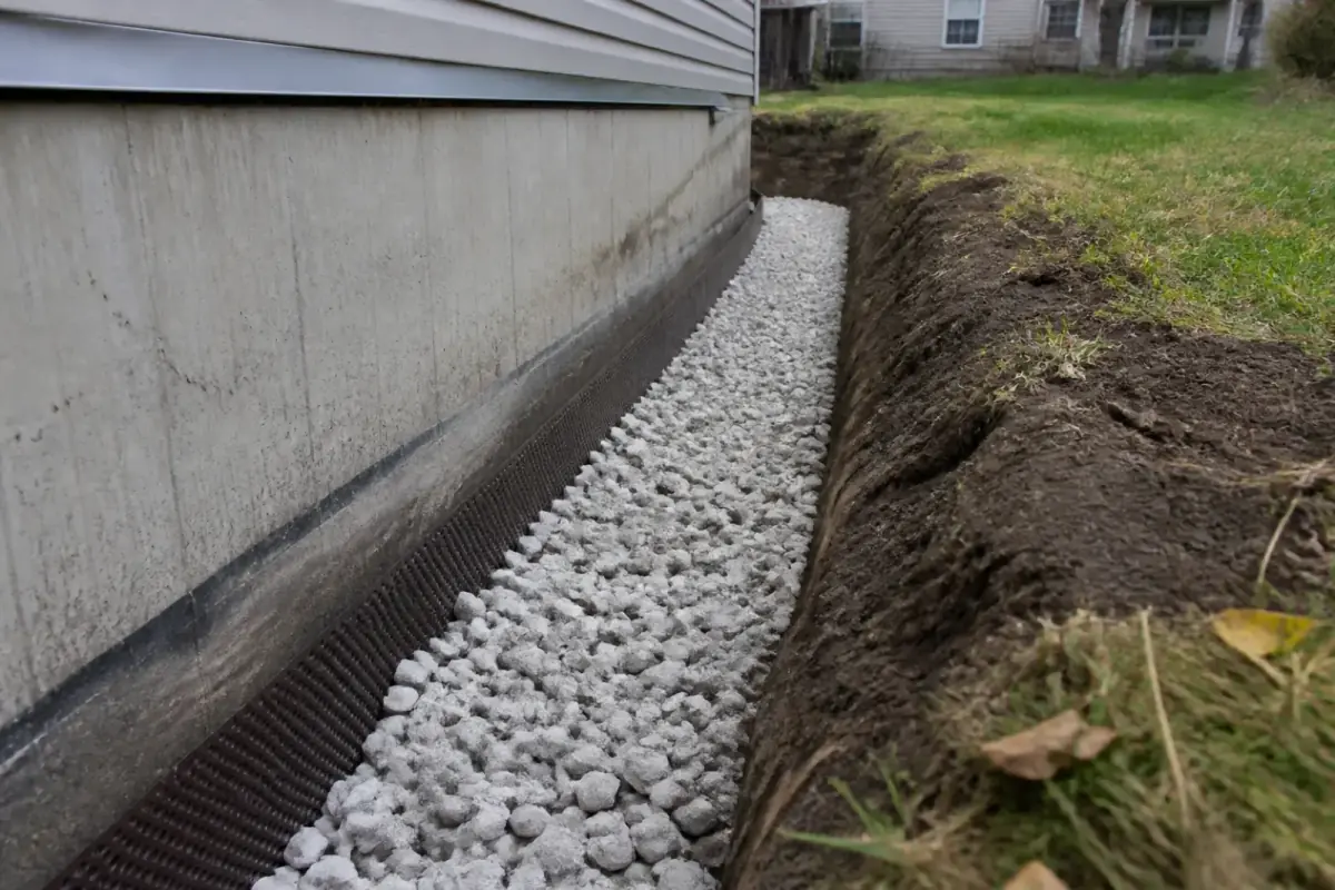 Gravel drainage trench beside a foundation